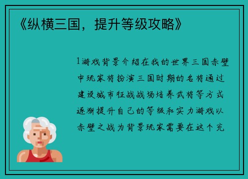 《纵横三国，提升等级攻略》